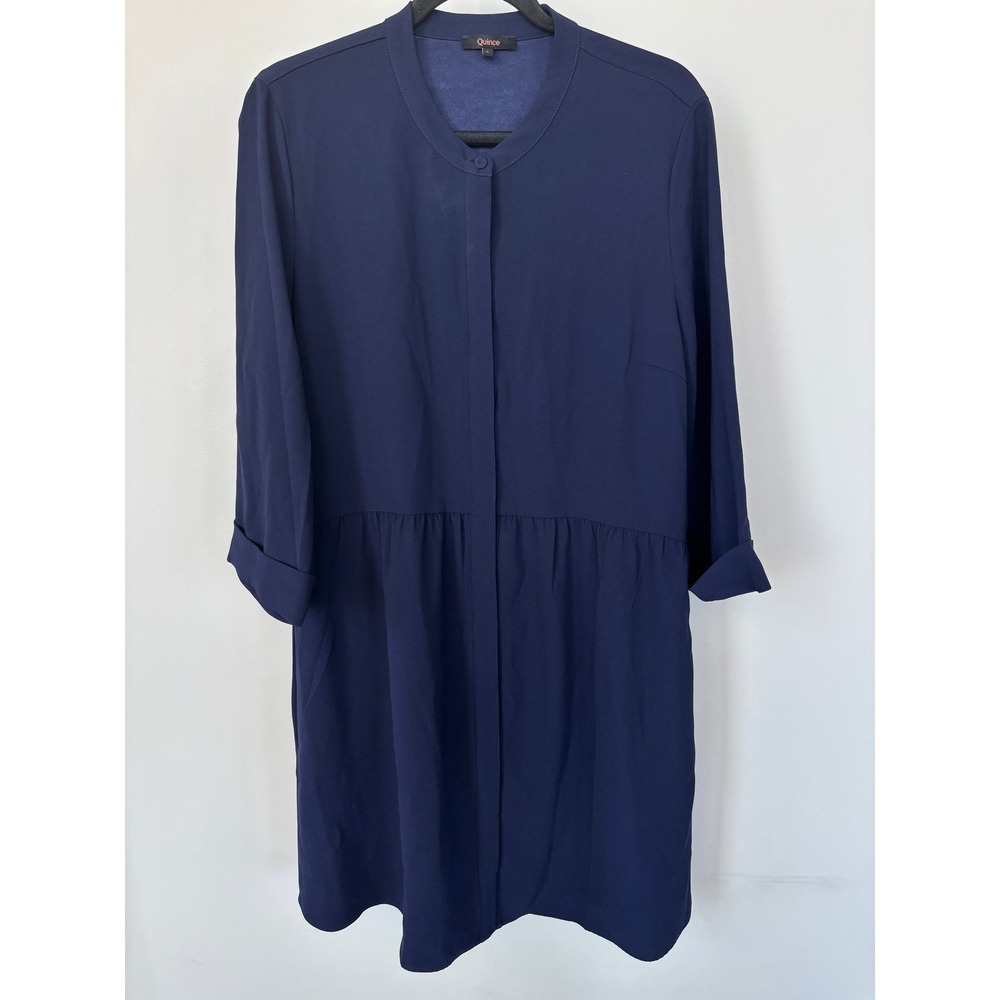 Quince Stretch Crepe Shirt Dress Textured Navy Blue L Pocket Dropped Waist